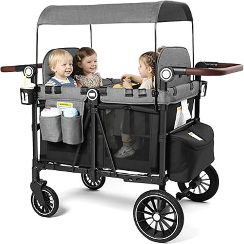 Kinder King Wagon Stroller for 4 Kids, All-Terrain Foldable Outdoor Stroller Wagon 4 Seater, Removable Canopy, Adjustable Handle, Shock-Absorbing Wheel, Detachable Tray, Large Storage, Black&Grey