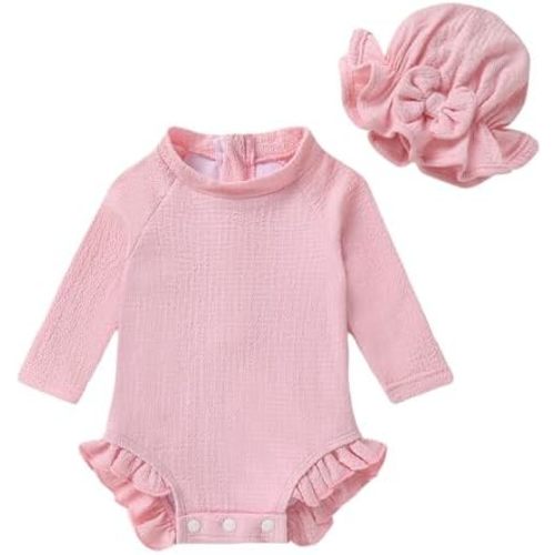 YOUNGER TREE Infant Baby Girls Swimsuit Long Sleeve Swimsuits One Piece Swimsuit Solid Color Bathing Suit with Hat, UPF 50+