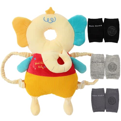 Feidoog Baby Head Protection Backpack with 3 Baby Knee Pads - Soft & Lightweight Head Protection for Walking and Crawling,Orange Elephant