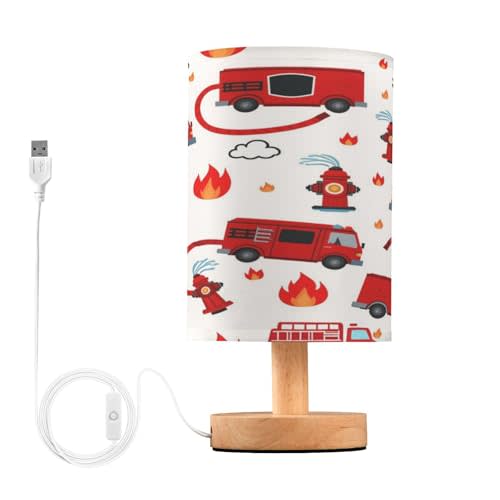 Firefighter Fire Truck Table Lamp for Bedroom Bedside Lamp Desk Lamps Cylinder Nightstand Lamp for Living Room Office Decor