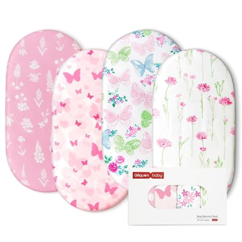 Gllquen Baby Bassinet Sheets 4 Pack, Breathable Cozy Fitted Mattress Sheet, Elastic Travel Crib Fashionable Floral Pattern, Standard Cradle Safe Sheets for Baby Boy Girls 32"X16" (Butterfly)