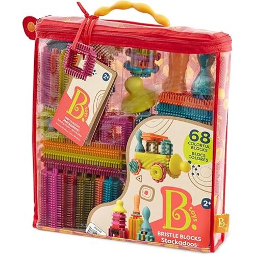 B. toys- Bristle Block Stackadoos - Building Blocks for Kids – Developmenal Toy-68 Blocks in a Storage Pouch – STEM Toys – Soft & Interlocking – Bristle Block Stackadoos – 2 years +