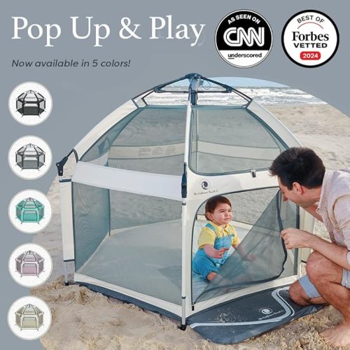 POP 'N GO PLAYPEN - Indoor & Outdoor Baby Playpen for Babies and Toddlers - Baby Beach Tent, Foldable, Portable W/Canopy, Travel Bag, & Mosquito Net - Pop Up Pack and Play Tent (Warm Ivory)