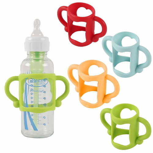 (4-Pack) Bottle Handles for Dr Brown Narrow Baby Bottles with Easy Grip Handles to Hold Their Own Bottle - BPA-Free Soft Silicone - Red Green and Blue