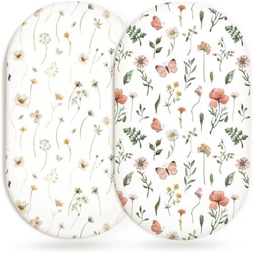 Bassinet Sheets for Baby Girls Boys 2 Pack, Fitted Baby Mattress Sheet for Rectangle, Oval, Hourglass Bassinet Mattress, Breathable Cozy & Universal Fit (Butterfly Garden)