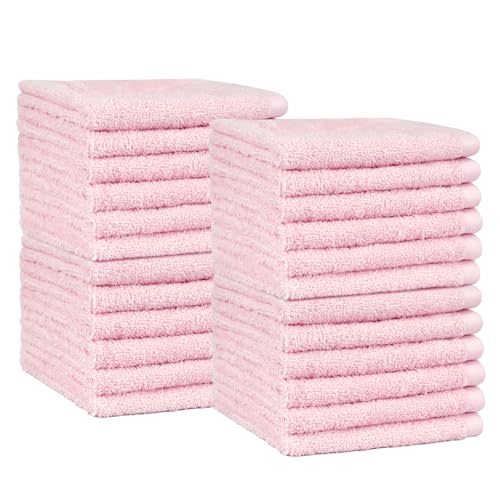 Amazon Basics face Towels for bathroom, 100% Cotton Extra Absorbent washcloth , Fast Drying - salon towel - 24 Pack Petal Pink (12 x 12 inches)
