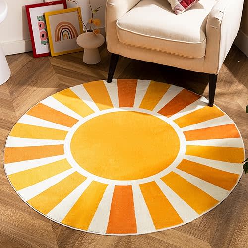 Boho Round Rugs - 4Ft Non-Slip Washable Round Area Rug with Rainbow Sun Print, for Bedroom, Living Room, Nursery & Entryway (Light Form)
