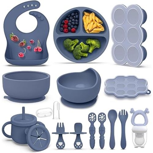 16 Pack Silicone Baby Feeding Set, BPA-Free Baby LED Weaning Supplies, Include Suction Plates, Baby Bowls, Silicone Fork & Spoon, and More, First Stage Baby Food Eating Utensils - 6+ Months(Blue, 16)