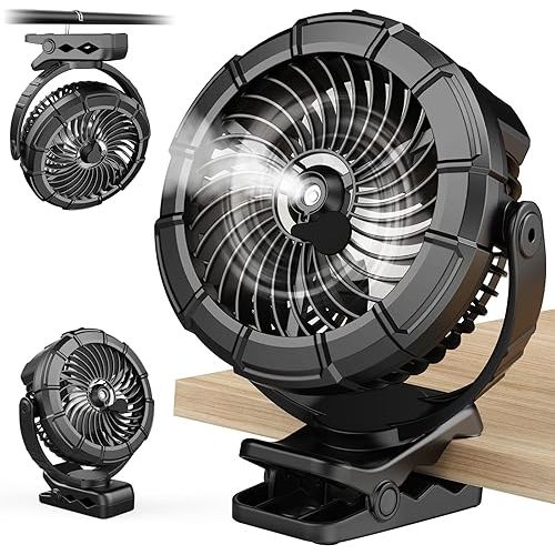 Ausic 3-in-1 Portable Clip on Fan with Misting & LED Lights & Hook, 100ML Baby Stroller Fan, 5200mAh Rechargeable Battery Operated & 360° Rotation & 3 Speeds for Table Outdoor Travel Camp Golf Cart