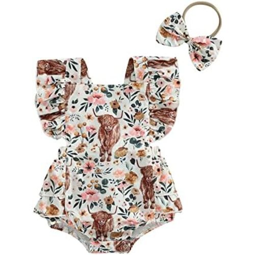 Karuedoo Western Baby Girl Clothes Cow Print Romper Ruffle Sleeveless Jumpsuit Bodysuit Headband Infant Cowgirl Outfit