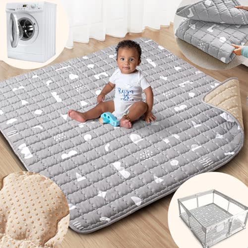 Beavtaens Baby Play Mat, 50x50 Playpen Mat with Super Soft Touch, Activity Mat with Upgraded Anti-Slip Bottom, Machine Washable Crawling Mat for Floor & Picnic (Boho Gray)