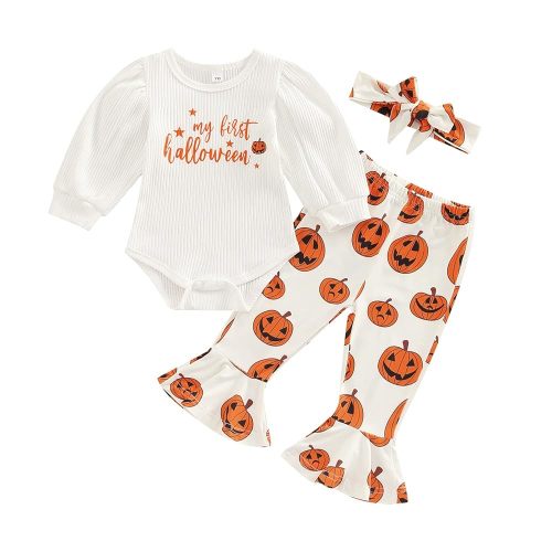 My First Halloween Baby Girl Outfit Pumpkin Romper+Bell Bottoms+Headband Newborn 1st Halloween Clothes Costume