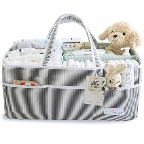 Lily Miles Baby Diaper Caddy - Organizer Tote for Infant Boy or Girl - Baby Shower Basket - Nursery Must Haves - Registry Favorites - Newborn Caddie Car Travel - Gray/Mint, Extra Large