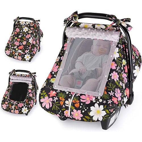 FIOBEE Baby Car Seat Cover, Car Seat Covers for Babies Infant Car Seat Canopy with Breathable Mesh Window Waterproof Carseat Cover for Babies Boy Girl 4 Seasons, Black/Yellow Flowers