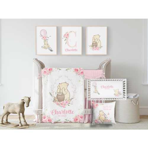 Winnie-the-Pooh Crib Bedding Set Girl, Baby Girl Crib Bedding, Classic Winnie-the-Pooh Nursery Decor, Pink Floral Bedding Crib Set Gir 606