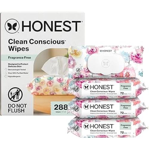The Honest Company Clean Conscious Multi-Use Wipes Unscented Hypoallergenic Baby for Sensitive Skin 99% Water Plant-Based Compostable Rose Blossom 288 Count