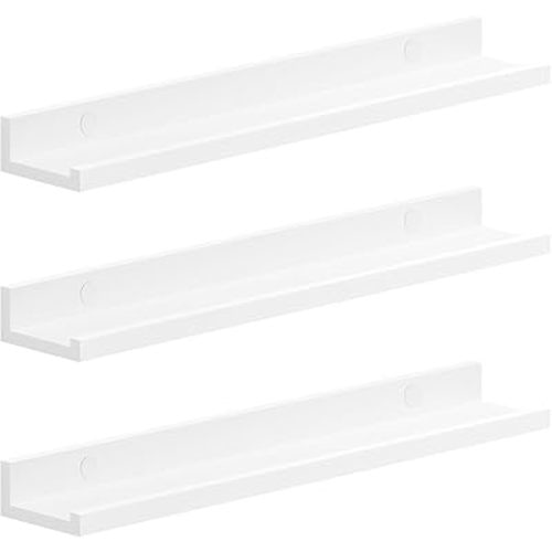 SONGMICS Floating Shelves, Set of 3 Wall Shelves, 23.6-Inch Wide, for Photo Frames and Trinkets, for Living Room, Home Office, Kitchen, Bathroom, White ULWS061W01