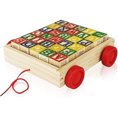 Number 1 In Service Wooden Alphabet Blocks, Best Wagon ABC Wooden Block Letters Come in a Pull Wagon for Easy Storage and Movement, Most Entertaining Wooden Toy for Toddlers, 30 Pieces Set.