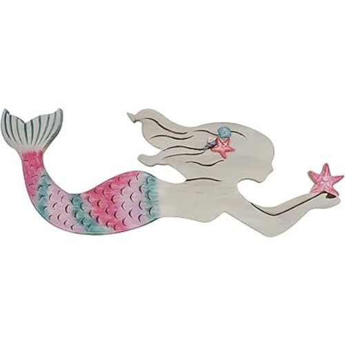 Rustic Wood Mermaid Decor Hanging Nautical Wall Decor, Wooden Mermaid Plaque Wall Sculpture Bathroom Beach Themed Decorations Coastal Mediterranean Wall Art for Home Farmhouse (Pink 30.5X11 Inch)