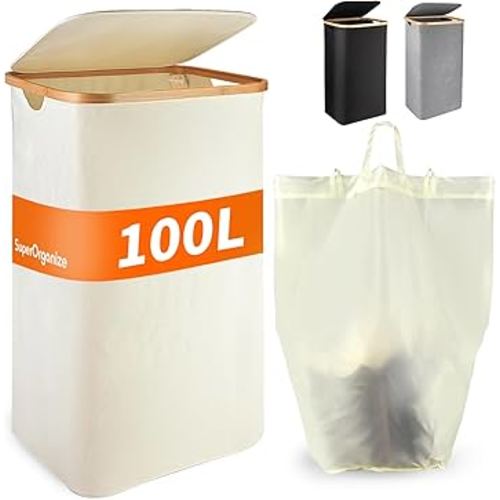 Laundry Basket 100L,Sturdy Laundry Basket,Large Hamper with Lid,Laundry Hamper, Clothes Hamper for Laundry with Bamboo Handles and Removable Bag,Laundry Basket Portable for Room,Clothes,Bedroom-Beige