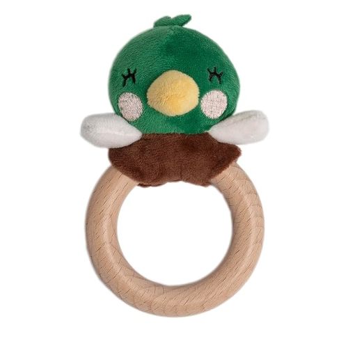 Pearhead Mallard Duck Wooden Baby Teether – Soft Plush Lovey with Natural Wood Rattle Ring, BPA & PVC-Free, Soothes Infant Gums, Multi-Sensory Newborn Essential for Boys, 0+ Months