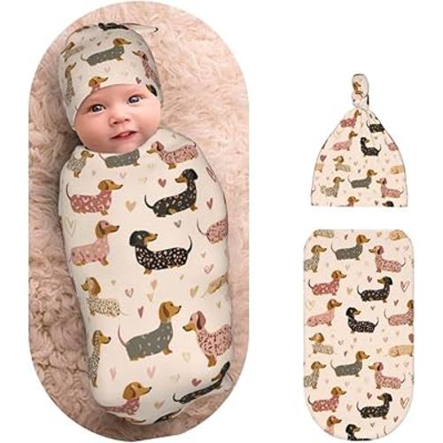 Cute Adorable Dachshund Dogs Newborns Beanie Swaddle Blanket Set Baby Receiving Blankets for 0-6m Infant Boy Girl Swaddle Blankets Wrap Soft Sleeping Sack