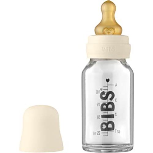 BIBS Baby Glass Bottle Complete Set 110 ml | BPA Free Natural Rubber | Made in Denmark | Ivory