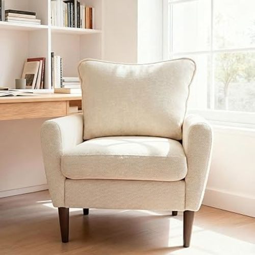 OLIXIS Comfy Accent Chair for Living Room Bedroom and Waiting Room, Upholstered Mid-Century Reading Chair with Pillow and Solid Wood Legs, Wide Singe Modern Lounge Sofa (Beige)