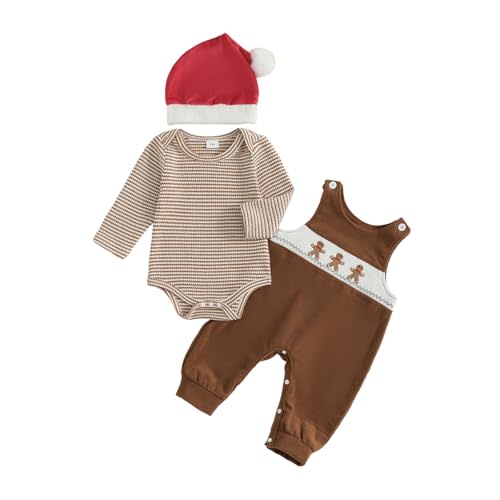 HYADRBLEBY Baby Boy Christmas Outfit Newborn Long Sleeve Smocked Romper Overalls Pants Hats 3Pcs Boy First Christmas Outfit