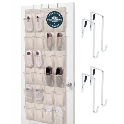 GORILLA GRIP Over the Door Shoe Organizer, 24 Large Pockets, Linen | Breathable Mesh Pocket, Space Saving Hanging Storage Holder, Closet Rack Hanger for Shoes, Pantry and Bathroom Accessories