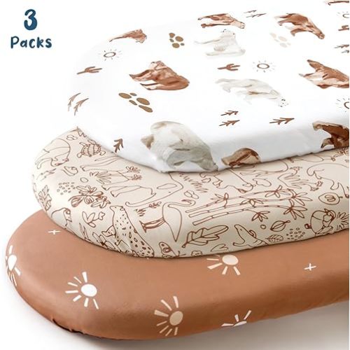 GRSSDER Stretchy Ultra Soft Bassinet Sheet 3 Pack, Universal Fit for Bassinets Baby Cradle Moses Basket Oval Rectangle Mattress or Changing Table Pad Safe and Snug, Stylish Print of Sunny Bear