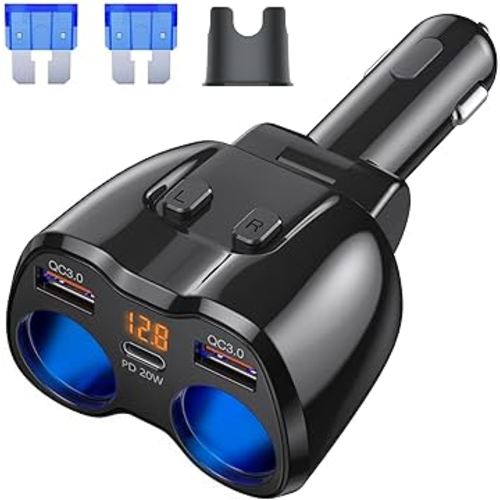 PSIER Cigarette Lighter Splitter, 180W Cigarette Lighter Adapter with Type-C 20W PD and Dual QC 3.0 USB Sockets, LED Voltage Display Individual Switch Car Charger Adapter for Phone/Car Devices