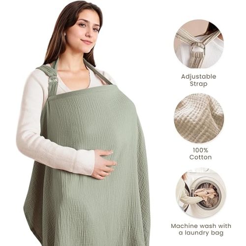 Konssy Muslin Nursing Cover for Baby Breastfeeding, Breathable 100% Cotton Breastfeeding Cover with Rigid Hoop for Mother Nursing Apron, Multi-use Carseat Canopy (Fog Green)