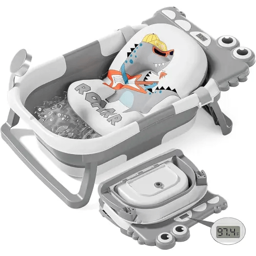 TPN Collapsible Baby Bathtub, Baby Bath Tub with Soft Cushion & Real-Time Thermometer, Baby Bathtub Infant to Toddler Tub (0-36 Months), Portable Travel Baby Tubs for Newborns (Grey)