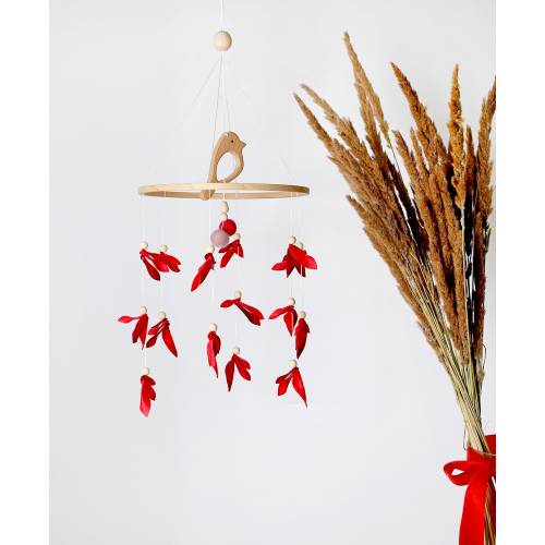 Bird style baby crib mobile, Red nursery baby mobile, Mobile Felt, Handmade mobile, Minimalist mobile