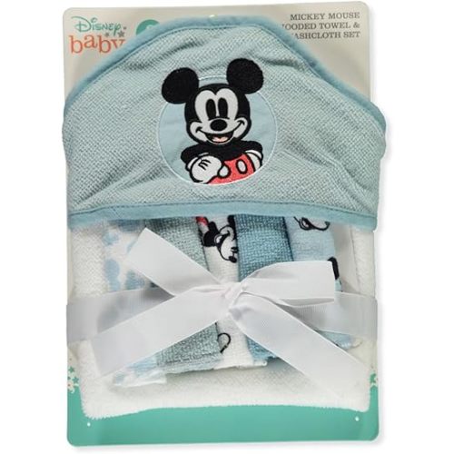 Cudlie Accessories Disney Baby Mickey Mouse Hooded Towel with 5 Piece Washcloth Set, Cool Style Print, GS71795 Blue One Size