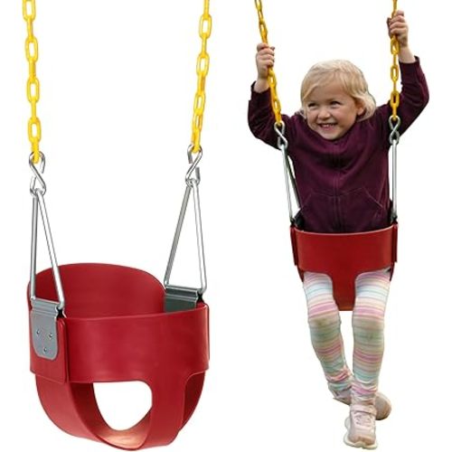 Eastern Jungle Gym Heavy-Duty High Back Full Bucket Toddler Swing Seat | Coated Chains Fully Assembled | Red Swing Set Accessory