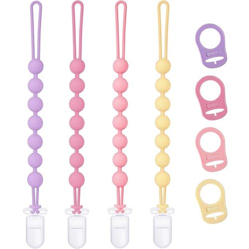 4-Pack Silicone Pacifier Clip with Adapter Ring Fits Maam-Style Dummy, Soft Flexible Binky Holder for Button-Style Dummies, Anti-Loss Paci Clips for Baby Girls