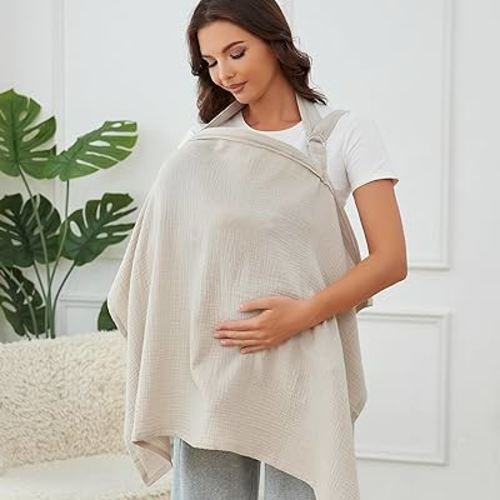 Muslin Nursing Cover for Breastfeeding, Breathable 100% Cotton Privacy Nursing Covers with Rigid Hoop for Mother Nursing Apron, Include Burp Cloths, Soft Arch Neckline Nursing Apron (Gray)