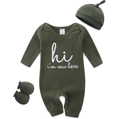 Baby Romper with Baby Mittens & Newborn Hats Footless Long Sleeve Solid Onesie Hi Im New Here