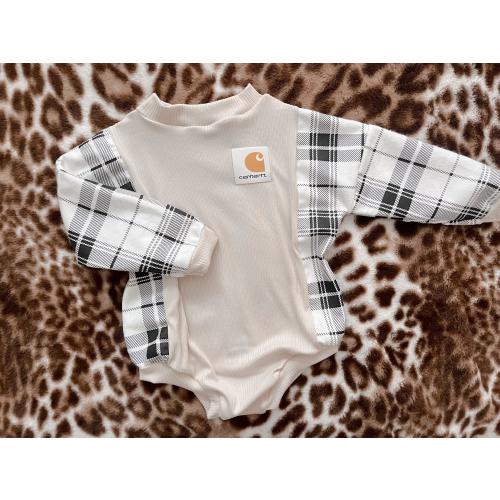 Flannel carhartt romper/  toddler clothing/ baby clothing/western / boho / trendy / vintage/ handmade/ custom baby clothes / romper /leotard
