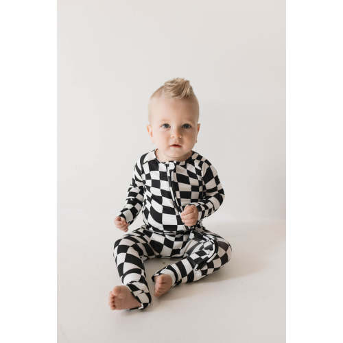 Bamboo Zip Pajamas | Black & White Wavy Checkerboard
