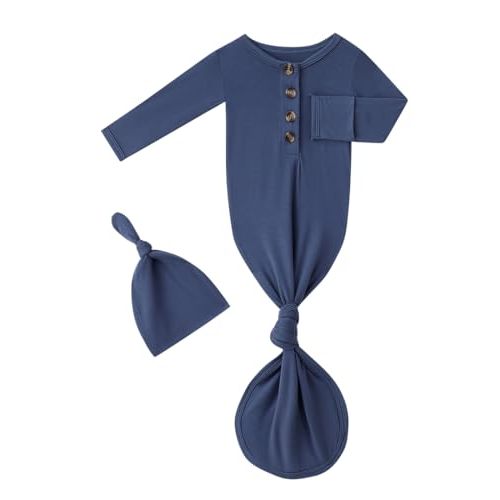 Newborn Baby Boys Girls Knotted Gown Headband/Hat Set Clothes Bamboo Viscose Soft Sleeper Sleep Gown with Mittens