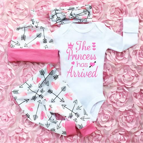 Kleidungly 4PCS Newborn Infant Baby Girls Outfits Clothes Tops Romper Bodysuit+Pants Leggings+Hat+Headband Set