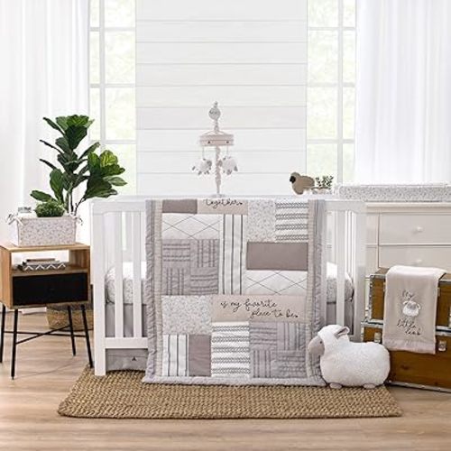 NoJo Together is Better White, Gray, and Taupe Stripes and Dots 4 Piece Nursery Crib Bedding Set - Comforter, 100% Cotton Fitted Crib Sheet, Crib Skirt, and Storage