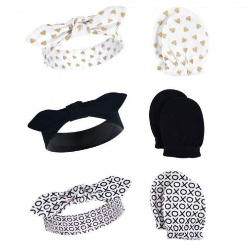 Hudson Baby Infant Girl Cotton Headband and Scratch Mitten 6pc Set, Xoxo, 0-6 Months