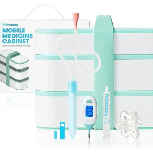 Frida Baby Mobile Medicine Cabinet Travel Kit | Baby Essentials Gift Set Includes NoseFrida Snotsucker, Rectal Thermometer, MediFrida Medicine Dispenser with Portable Carrying Case