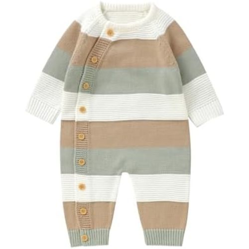 Infant Girl Boy Striped Sweater Romper Button Up Long Sleeve Full Length Jumpsuit Newborn Baby Coming Home Outfit