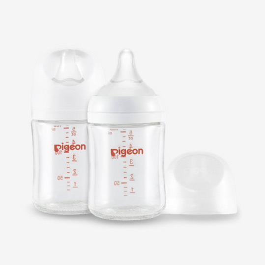 Pigeon Glass Nursing Bottle Wide Neck, Anti-Colic, Streamlined Body, Natural Feel, Easy to Clean, Heat-Resistant, 5.4 Oz (Pack of 2), Includes 2pcs SS Nipples (0m+)