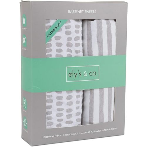 Ely's & Co. Patent Pending Waterproof Bassinet Sheet, No Need for Bassinet Mattress Pad Cover, 2 Pack Neutral Taupe Grey Splash & Stripes,for Baby Girl and Boy